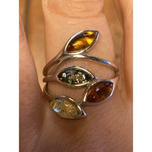 Baltic Amber Leaf Engagement Ring in Sterling Silver Size 8